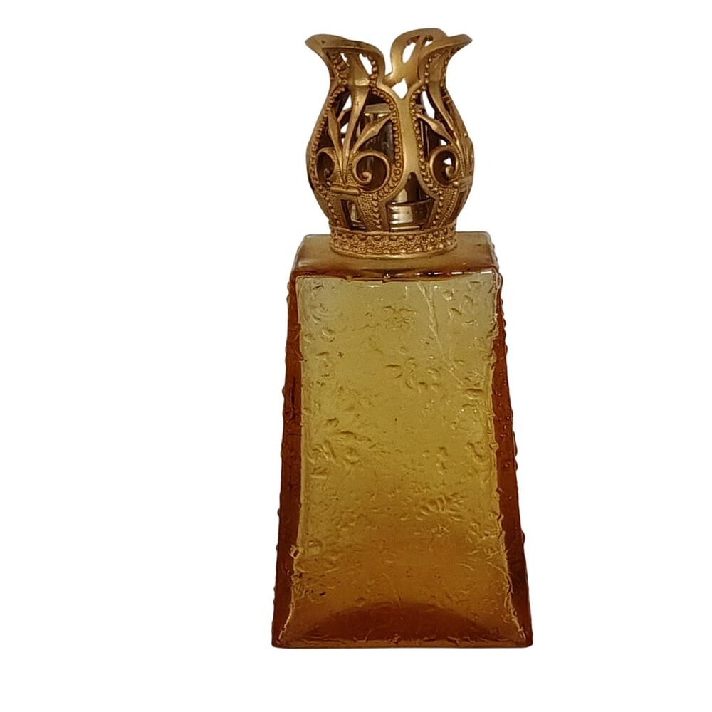 Lampe Berger Amber Glass Etched Gold Crown Top Fragrance Diffuser Oil Lamp Vtg